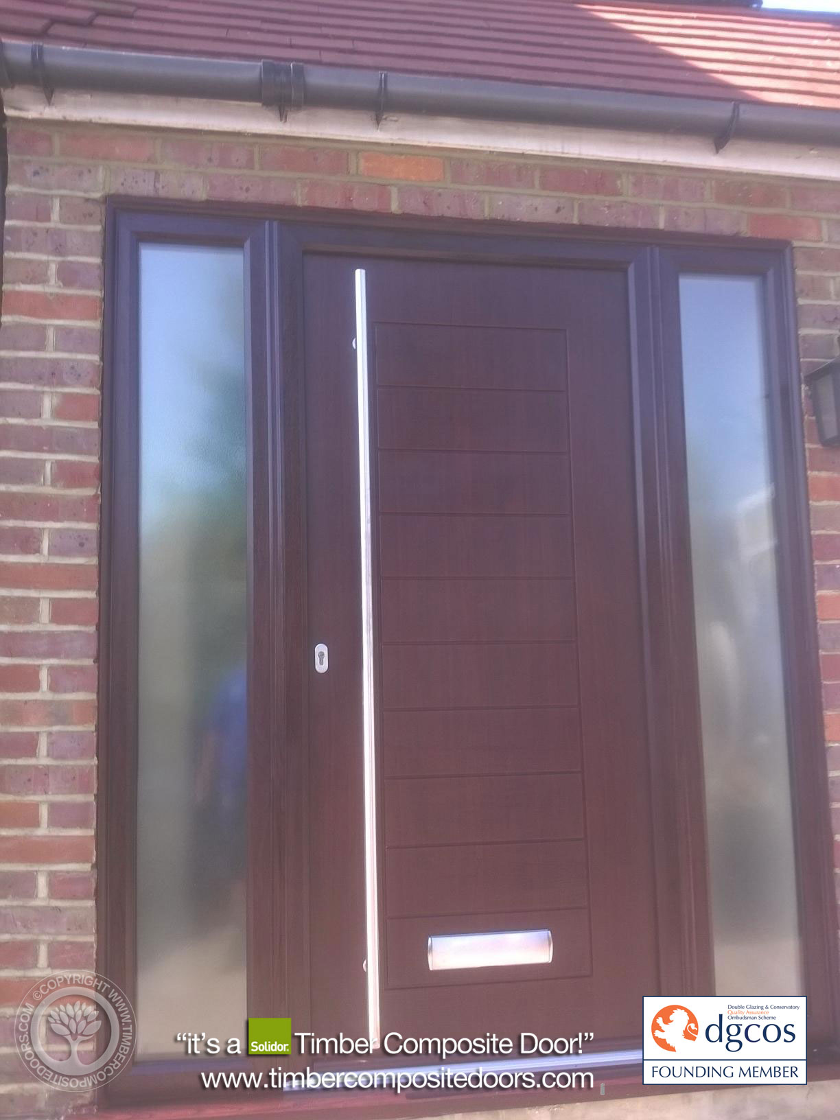 Modern Solidor Palermo composite door in a dark architectural finish with bar handle hardware, creating a sleek and secure contemporary entrance