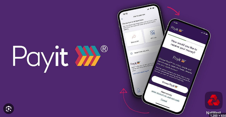 Purple banner with the Payit logo and two tilted smartphones displaying the Payit app screens for paying/receiving money; NetWest logo in the corner.