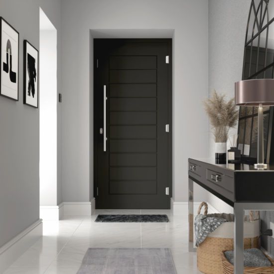 A sleek black Solidor Palermo composite door delivering modern luxury and minimalist design.