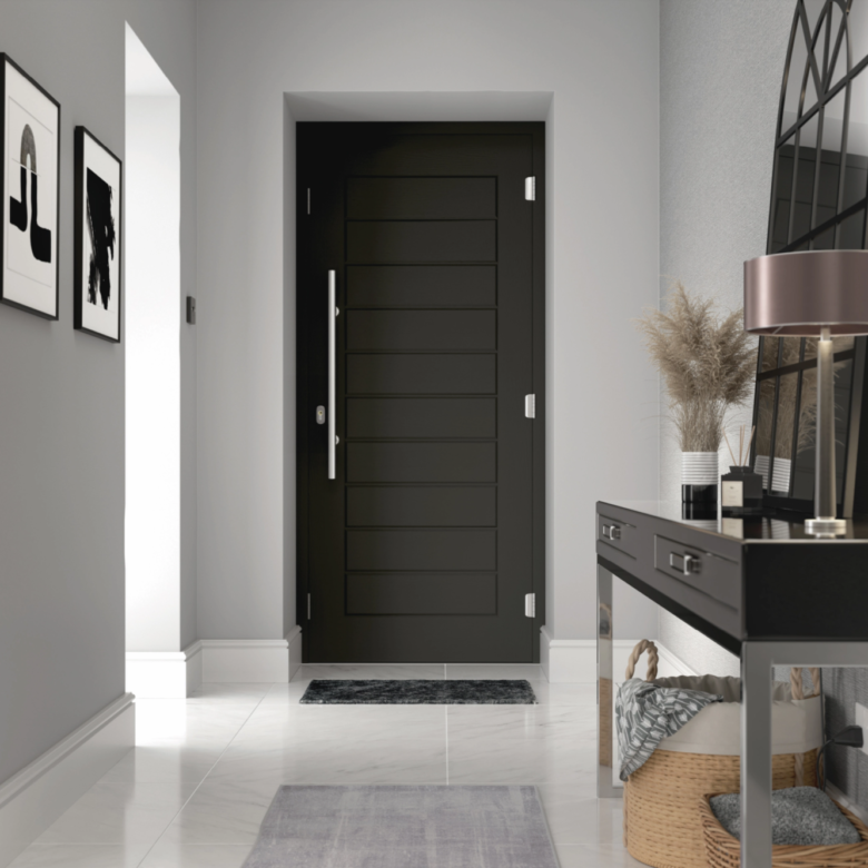 A sleek black Solidor Palermo composite door delivering modern luxury and minimalist design.