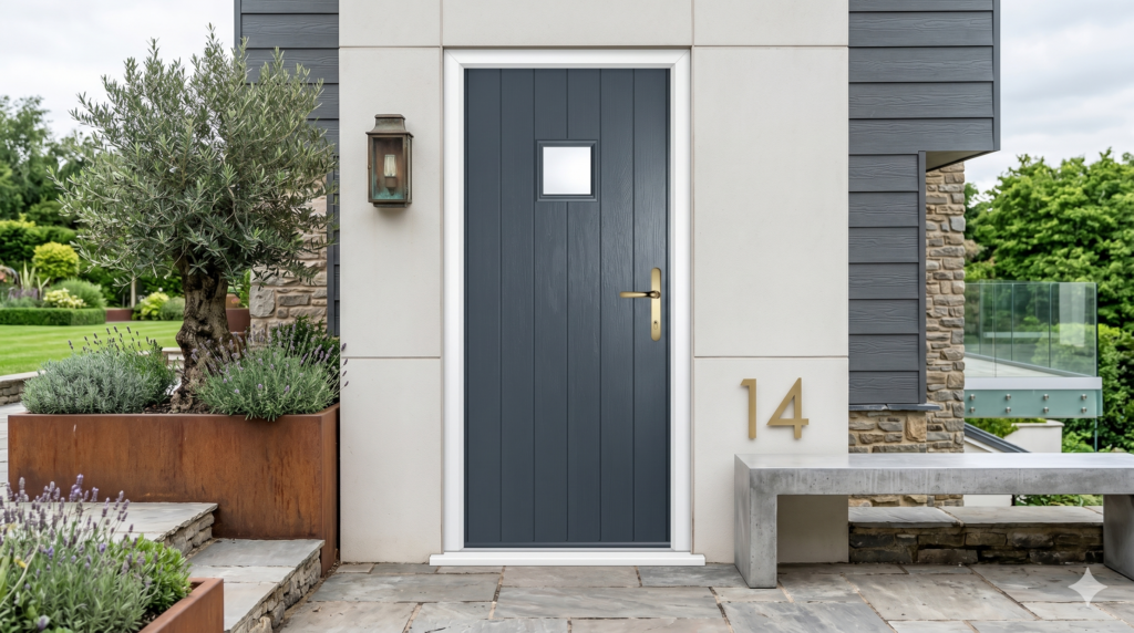 Modern heritage: The Solidor Flint Square composite door effortlessly combines clean, minimalist geometry with a traditional, vertical-groove timber-effect skin