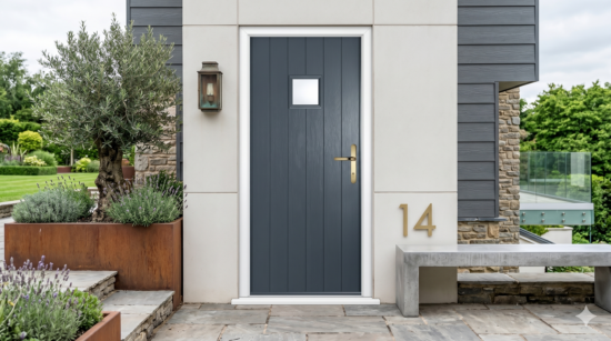 Modern heritage: The Solidor Flint Square composite door effortlessly combines clean, minimalist geometry with a traditional, vertical-groove timber-effect skin